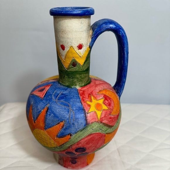 Handmade Clay Pottery Pitcher Signed Colorful Decorative Artwork - Picture 4 of 6
